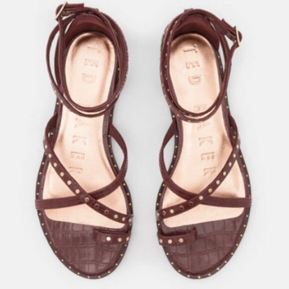 💕TED BAKER LONDON💕 Mathar Flat Studded Gladiator Sandal ~ Dark Brown 38.5 NWT - Picture 5 of 15